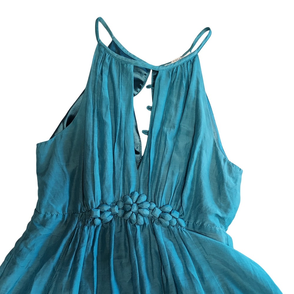 Halter Neck‎ Silk Dress Turquoise Sleeveless Mini Casual Summer Flower Detail Sm